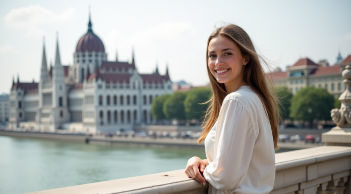 3 jours à Budapest : itinéraire idéal pour découvrir la perle du Danube Jeune femme souriante sur le pont Chain à Budapest avec la Parlement en arrière-plan