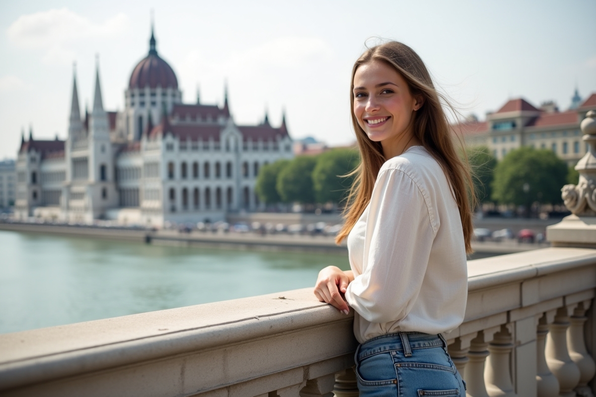 Jeune femme souriante sur le pont Chain à Budapest avec la Parlement en arrière-plan