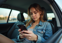 Jeune femme dans une voiture à Los Angeles utilisant son smartphone