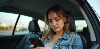 Comparatif Uber vs LA Taxi : quel est le service le moins cher ? Jeune femme dans une voiture à Los Angeles utilisant son smartphone