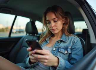 Comparatif Uber vs LA Taxi : quel est le service le moins cher ? Jeune femme dans une voiture à Los Angeles utilisant son smartphone