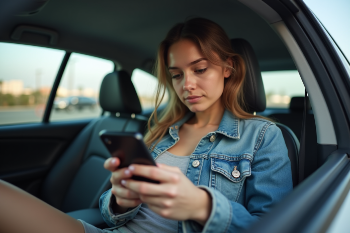 Jeune femme dans une voiture à Los Angeles utilisant son smartphone