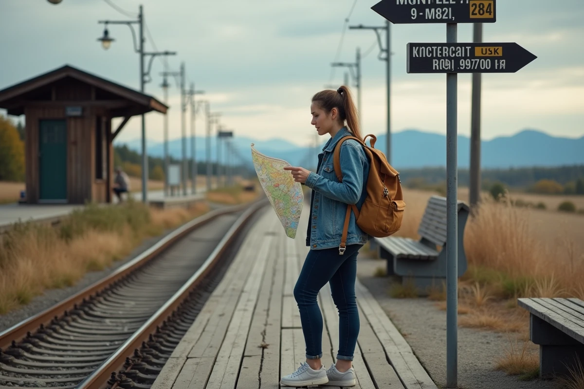 Jeune femme avec sac à dos vérifiant une carte à une gare rurale