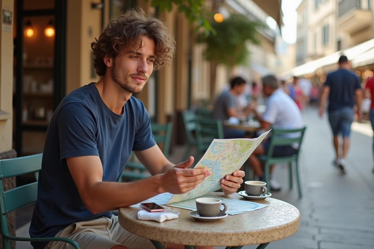 Jeune homme lisant une carte dans un café à Aix en Provence