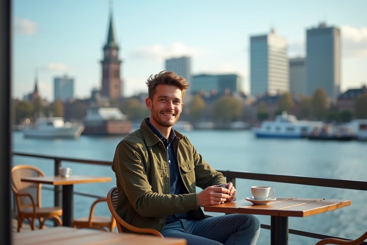 Jeune homme souriant au café près du lac Inner Alster à Hambourg
