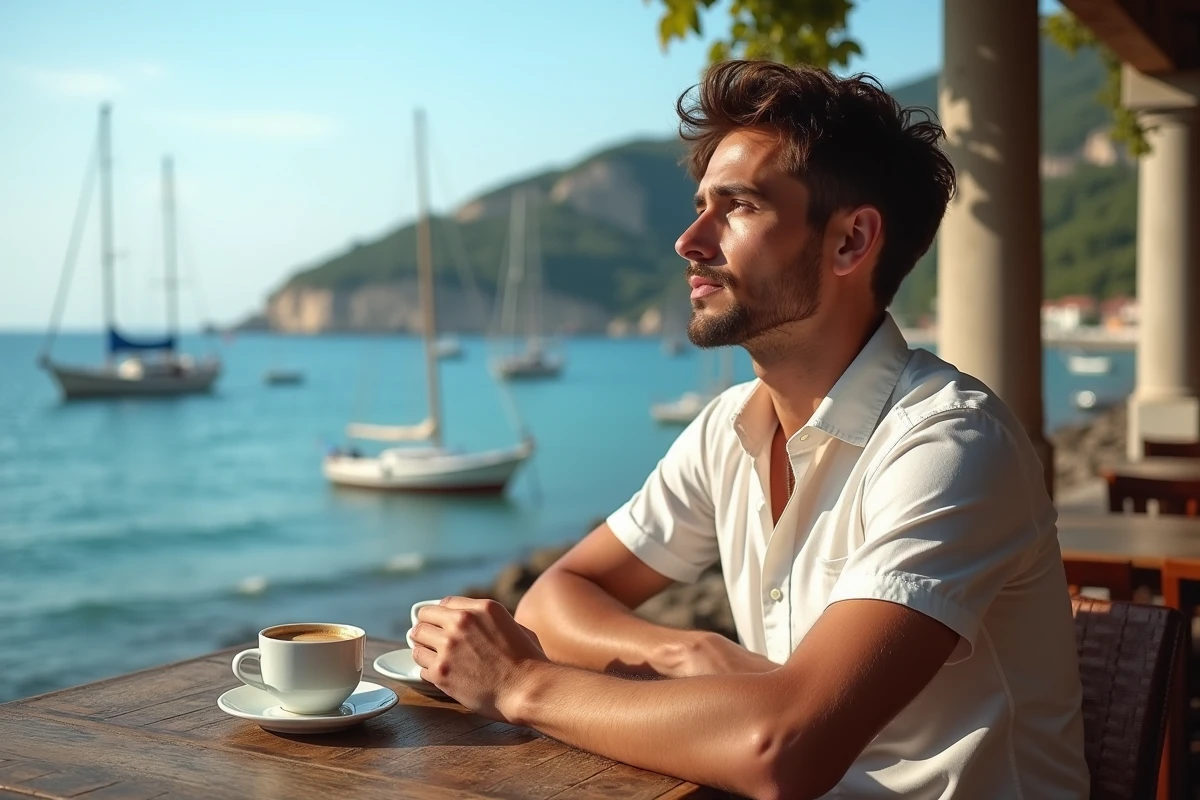 Jeune homme au café face à la mer méditerranéenne en été
