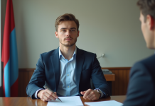 Conseils pour obtenir un visa : Réussir son entretien en toute confiance Jeune homme en entretien de visa dans un bureau officiel