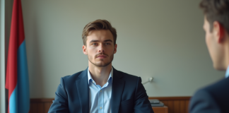 Conseils pour obtenir un visa : Réussir son entretien en toute confiance Jeune homme en entretien de visa dans un bureau officiel