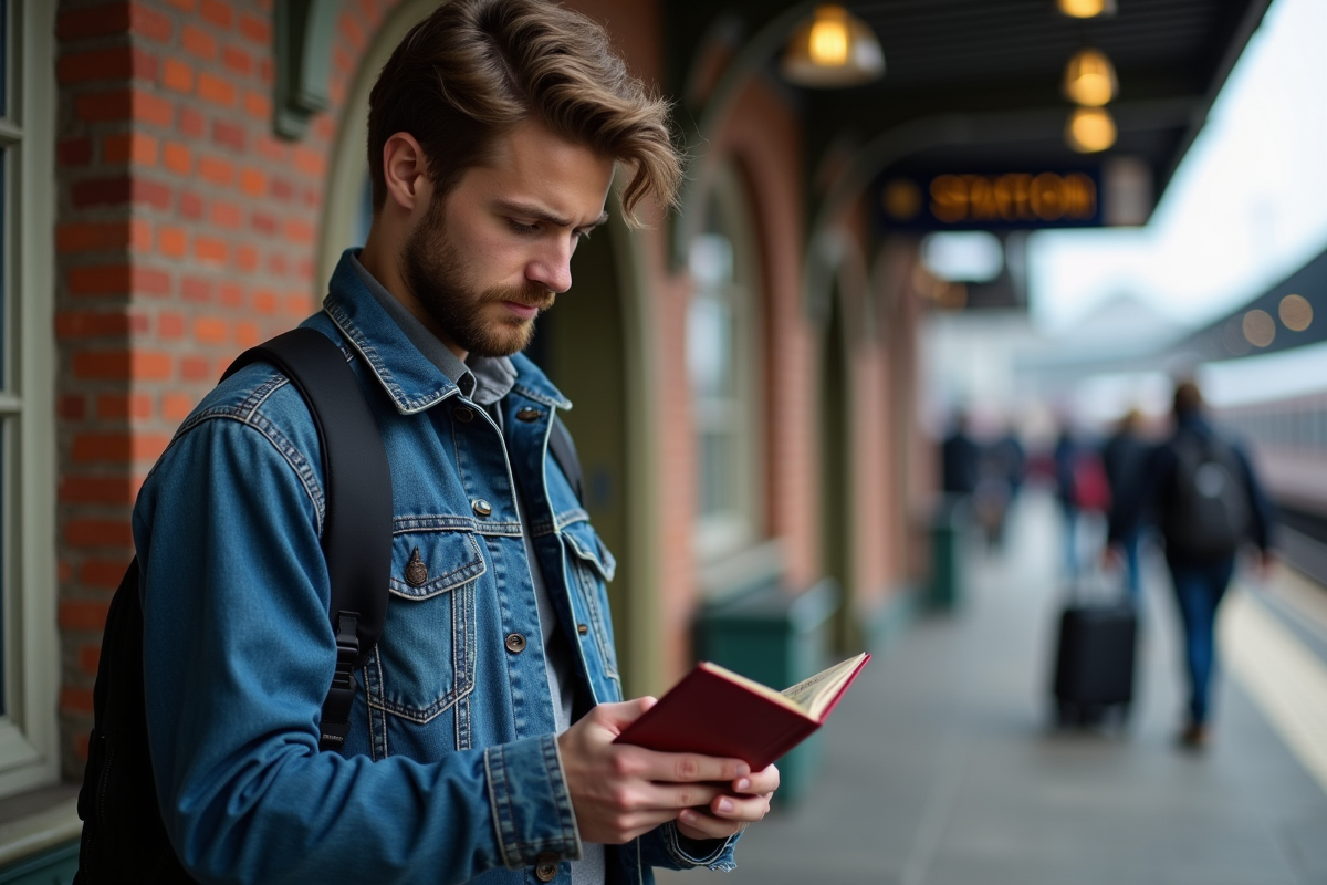Jeune homme regardant son passeport devant une gare anglaise