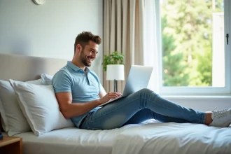 Jeune homme détendu utilisant un ordinateur dans une chambre d'hôtel