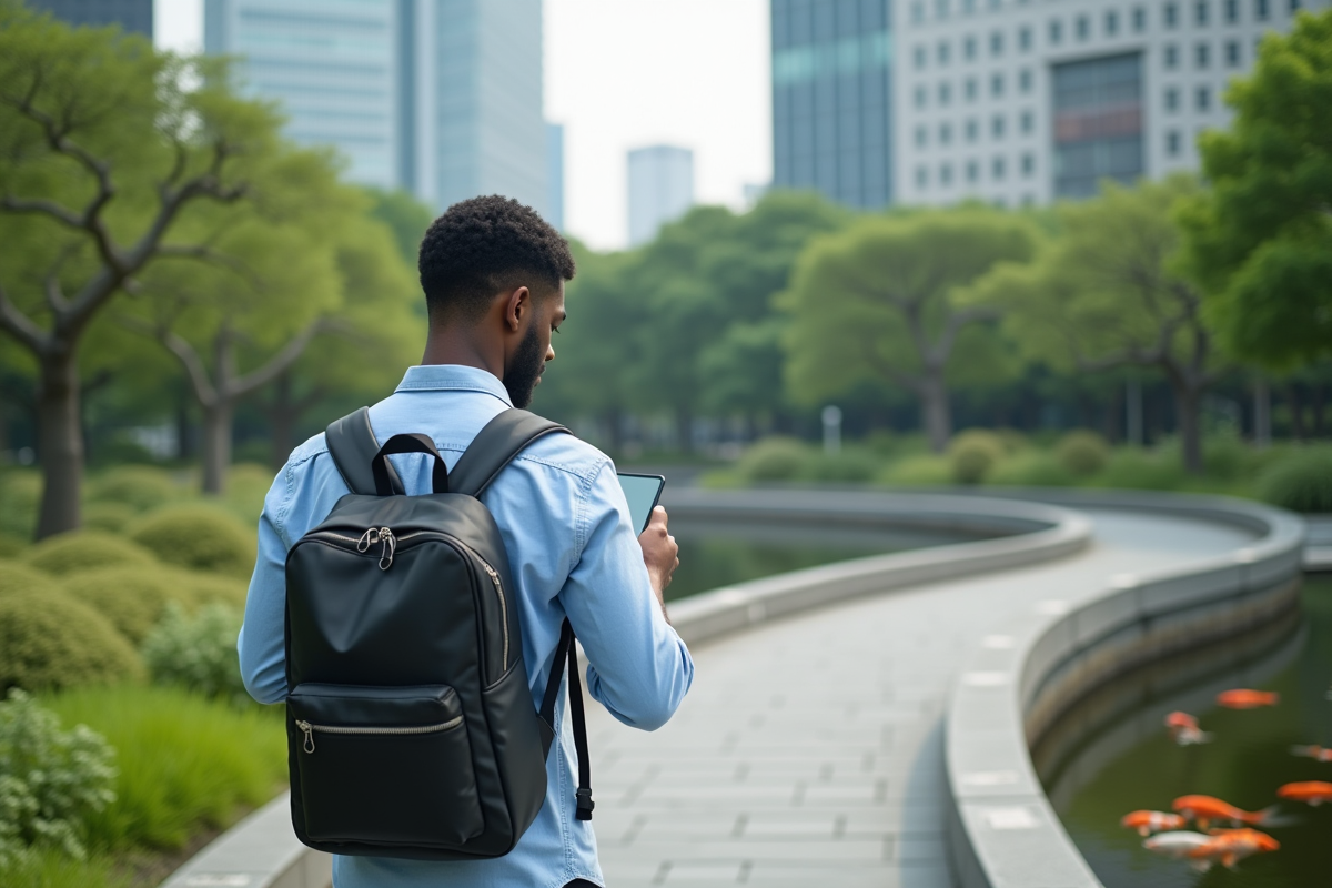 Jeune homme noir utilisant son smartphone dans un parc japonais