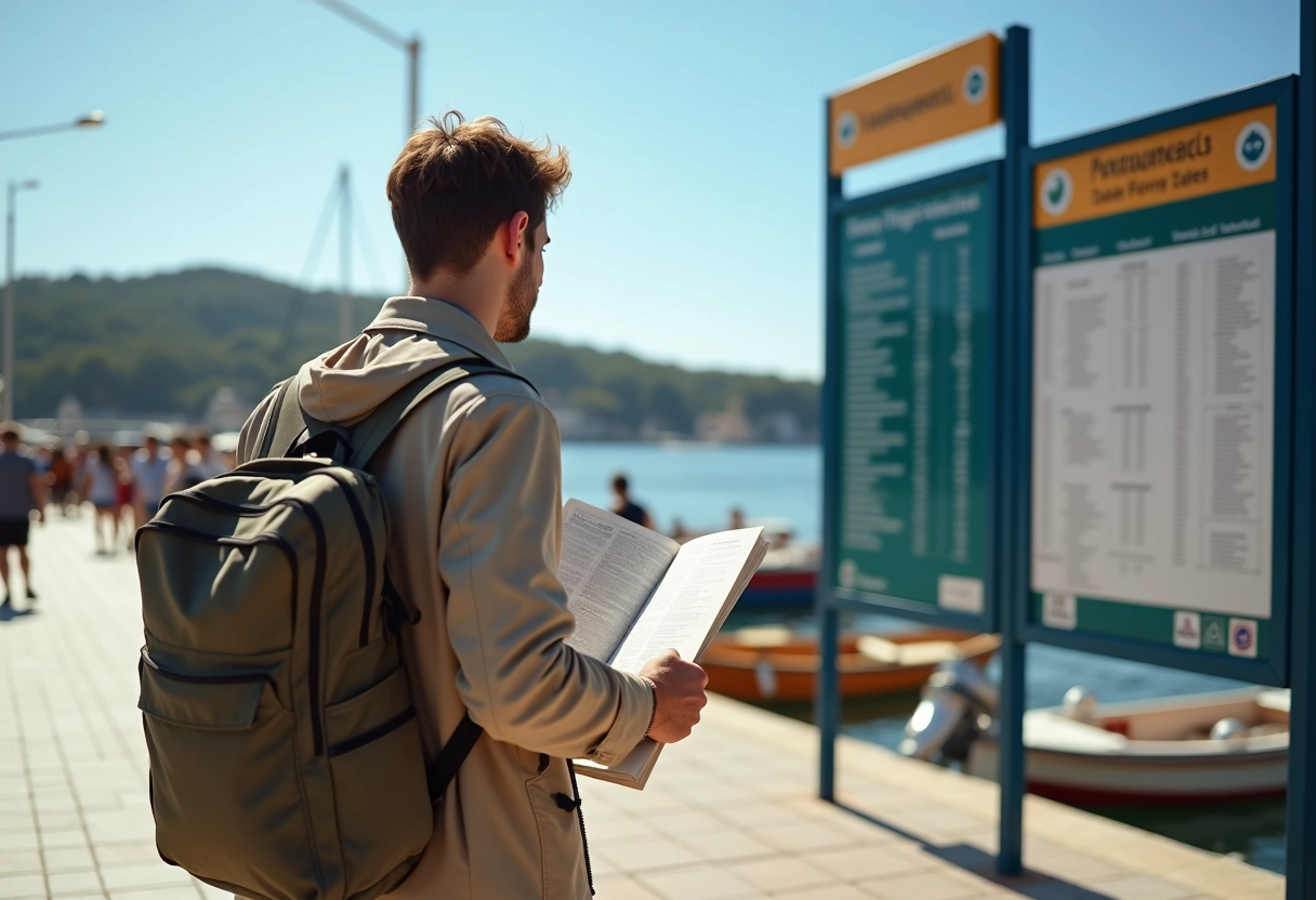 Jeune homme avec carte se dirigeant vers le ferry &agrave; Porquerolles