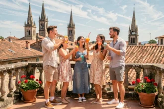 Groupe de jeunes adultes fêtant sur une terrasse ensoleillée avec vue sur les toits d'une vieille ville européenne en avril