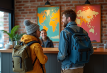 Limites d’âge en auberges de jeunesse : pourquoi existent-elles ? Jeunes voyageurs à la réception d'un hostel moderne