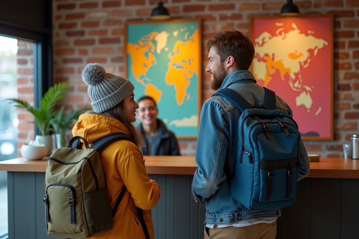 Jeunes voyageurs à la réception d'un hostel moderne