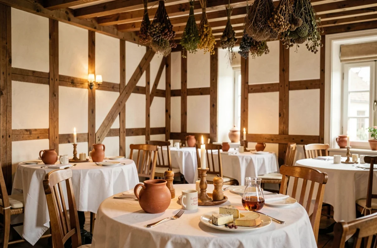 Salle à manger de La Chaumière à Honfleur avec colombages normands, herbes séchées au plafond et table dressée avec poterie régionale