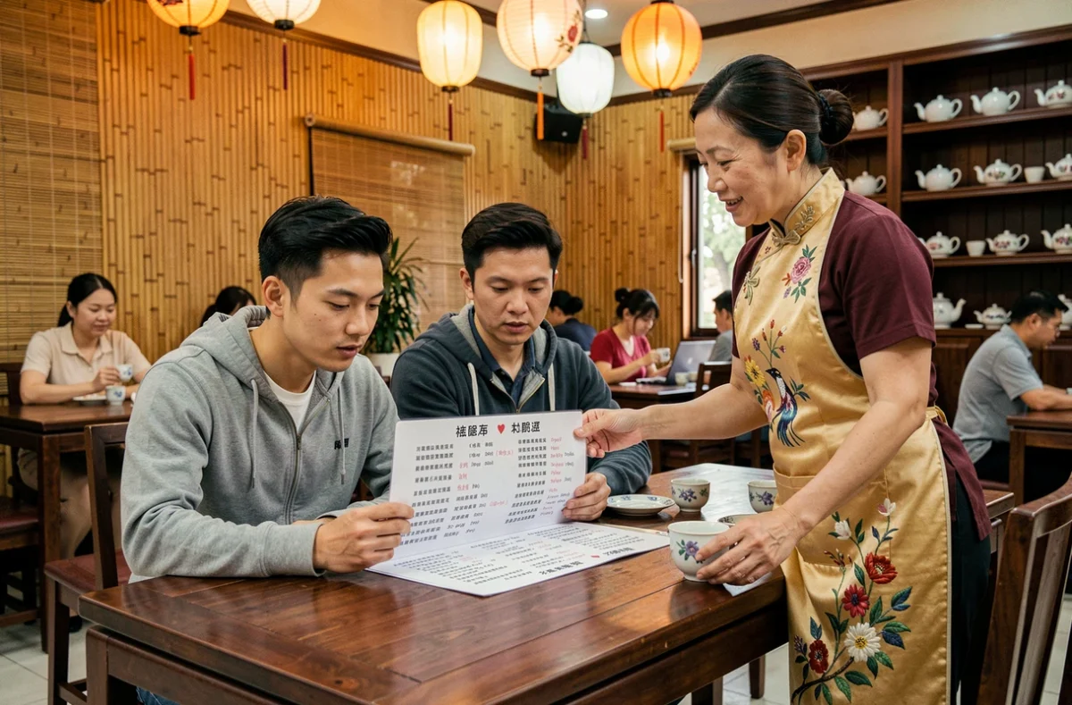 Couple occidental étudiant un menu en cantonais dans un salon de thé traditionnel de Guangzhou avec l'aide d'une serveuse locale