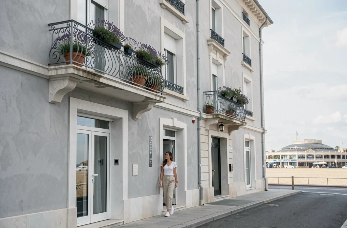 Façade des 2 Villas à Trouville-sur-Mer, deux villas Second Empire restaurées avec balcons en fer forgé et vue sur la promenade
