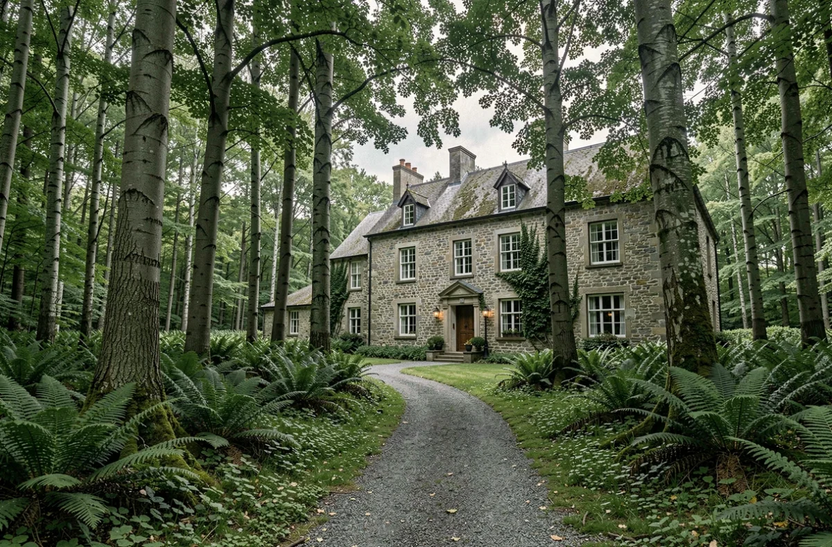 Manoir normand en pierre des Rochers à Cerisy-la-Forêt émergeant d'une forêt de hêtres anciens avec sentier de gravier