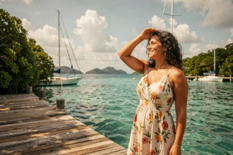 Femme en robe florale sur un ponton en bois face au lagon turquoise de la Guadeloupe avec des voiliers ancrés en arrière-plan