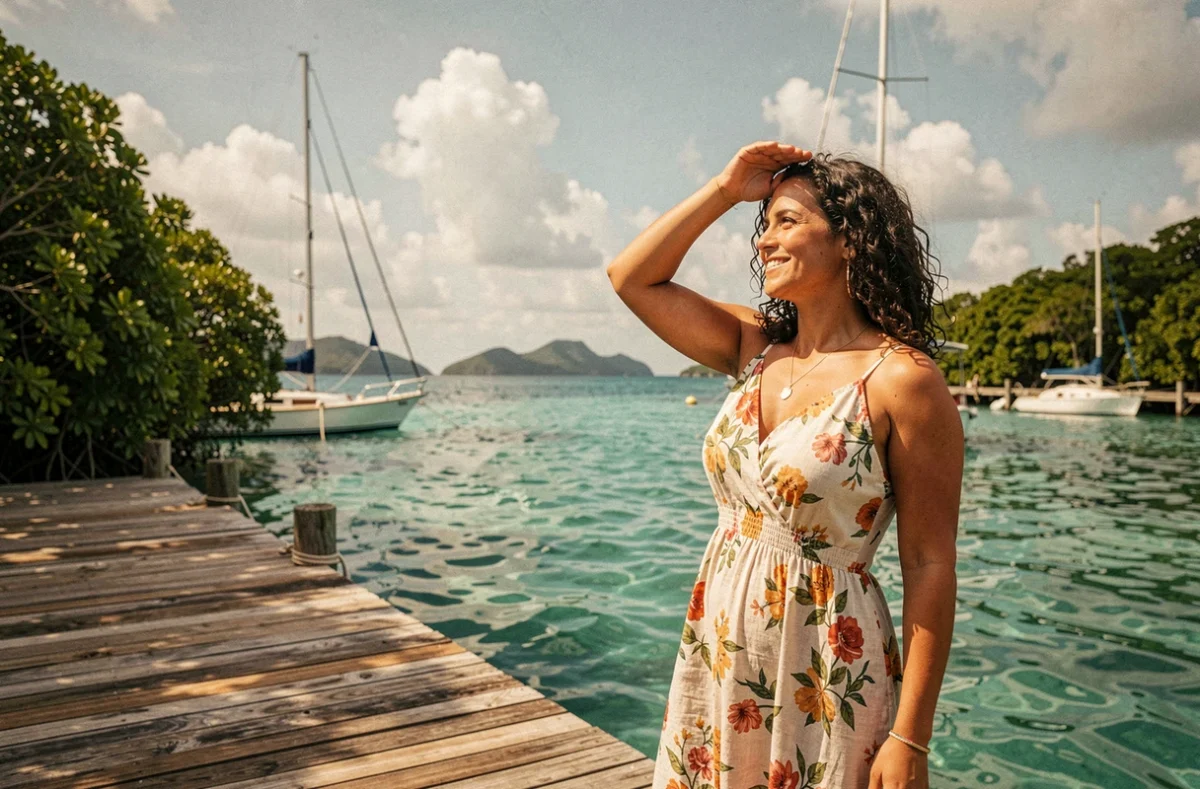 Femme en robe florale sur un ponton en bois face au lagon turquoise de la Guadeloupe avec des voiliers ancrés en arrière-plan
