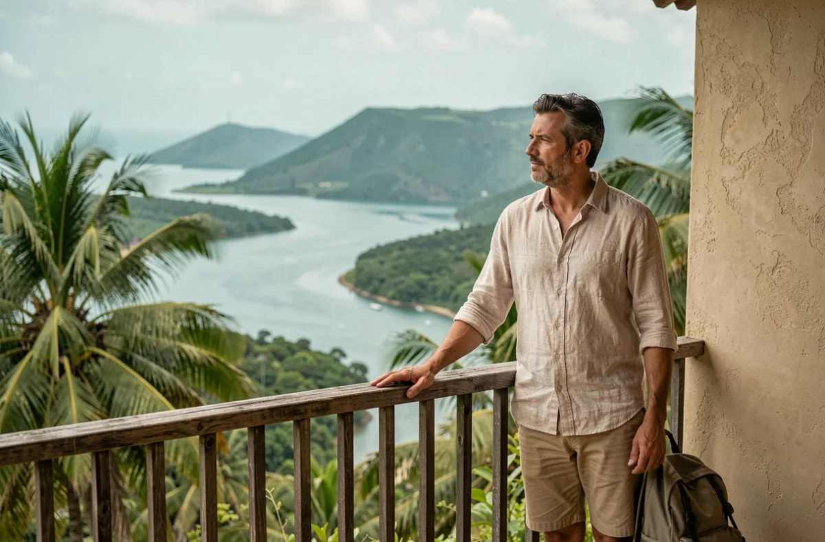 Voyageur observant le panorama sur les deux îles de la Guadeloupe depuis le balcon d'une villa perchée sur les hauteurs