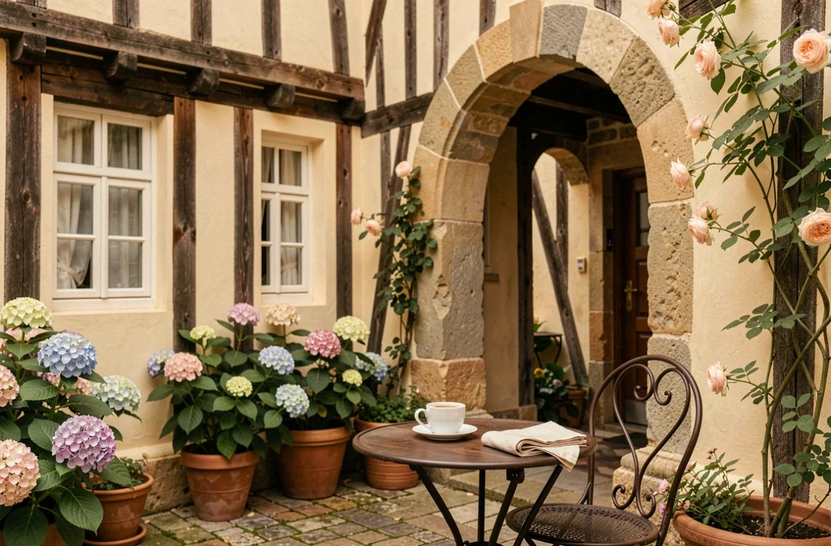 Cour intérieure de La Maison de Lucie à Honfleur avec colombages normands, roses grimpantes et table de petit-déjeuner en fer forgé
