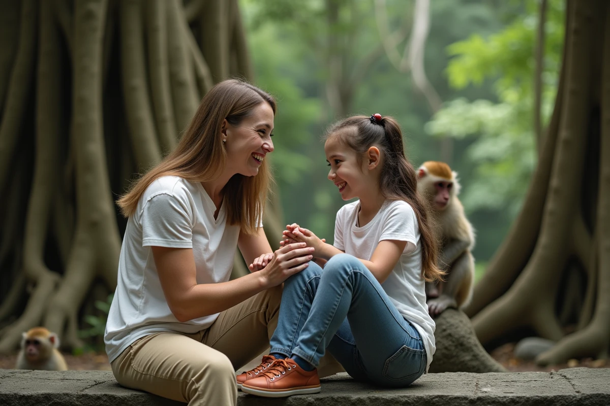 M&egrave;re et fille avec singe dans la for&ecirc;t de Bali