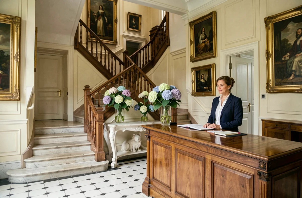 Hall d'entrée classique du Manoir de la Plage à Honfleur avec carrelage noir et blanc d'époque, escalier sculpté et hydrangéas frais