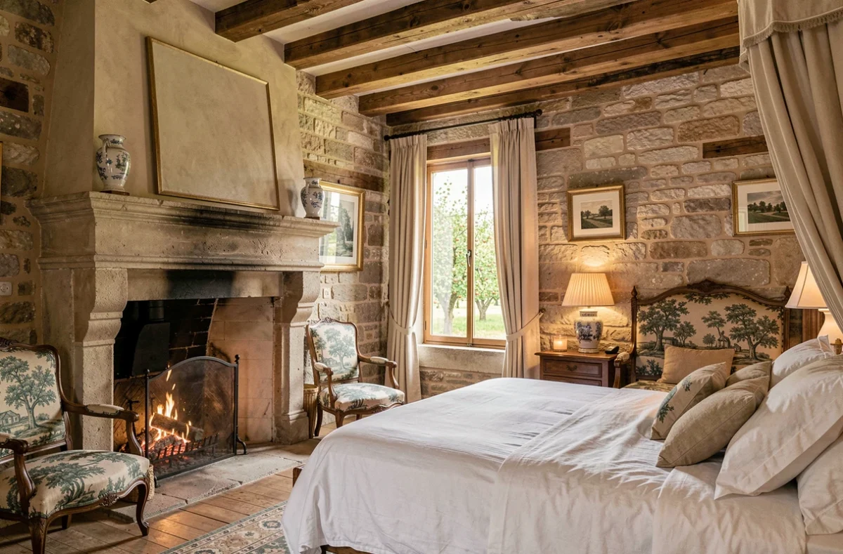Suite intérieure en pierre des Manoirs de Tourgéville avec cheminée, poutres en chêne et lit à baldaquin aux draps immaculés