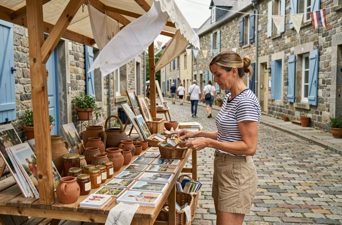 Femme visitant un marché artisanal en Bretagne avec des produits régionaux typiques de la Côte de Granit rose