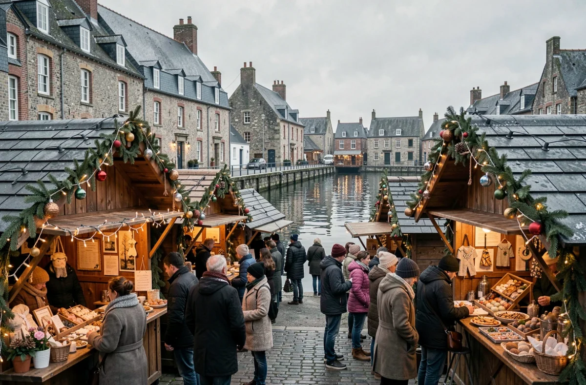 Marché de Noël hivernal au bord du port historique de Honfleur avec chalets décorés et visiteurs en manteaux