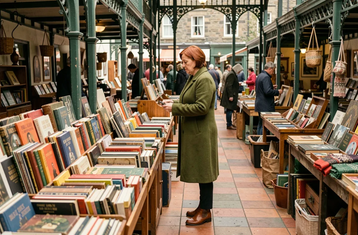 Femme explorant un marché vintage couvert à Dublin lors d'un itinéraire de 3 jours en Irlande