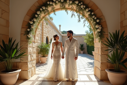 Jeune couple cypriote en tenue de mariage traditionnelle