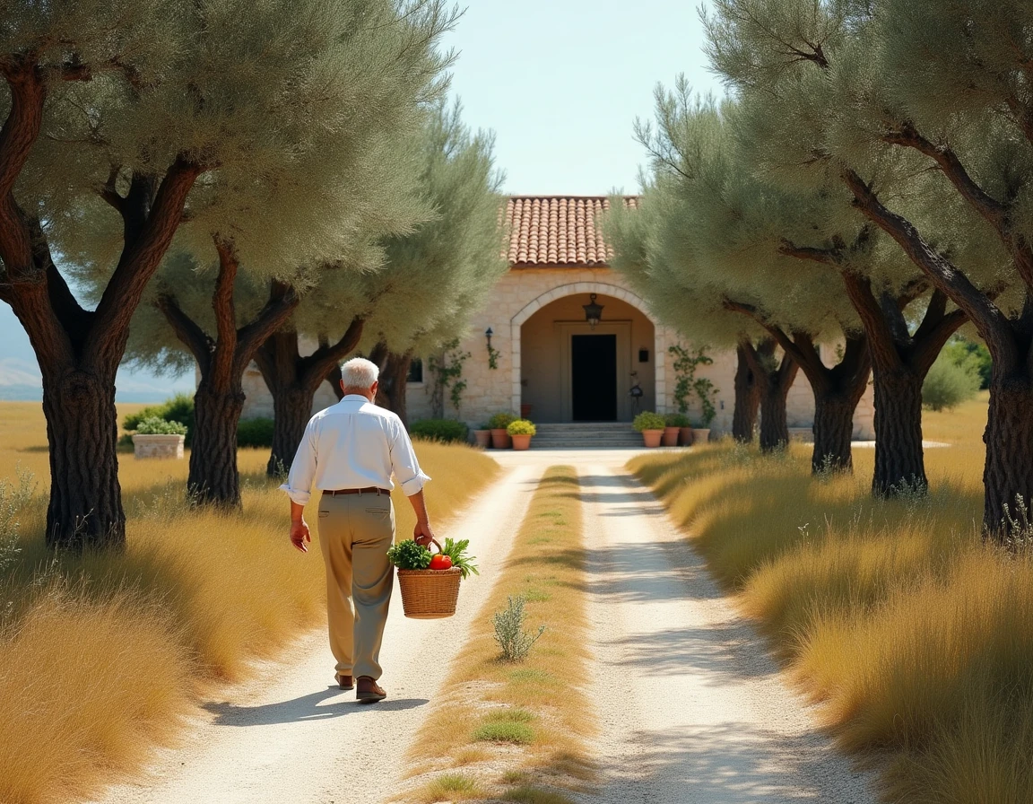 Masseria traditionnelle des Pouilles entourée d'oliviers centenaires avec un homme portant un panier de légumes