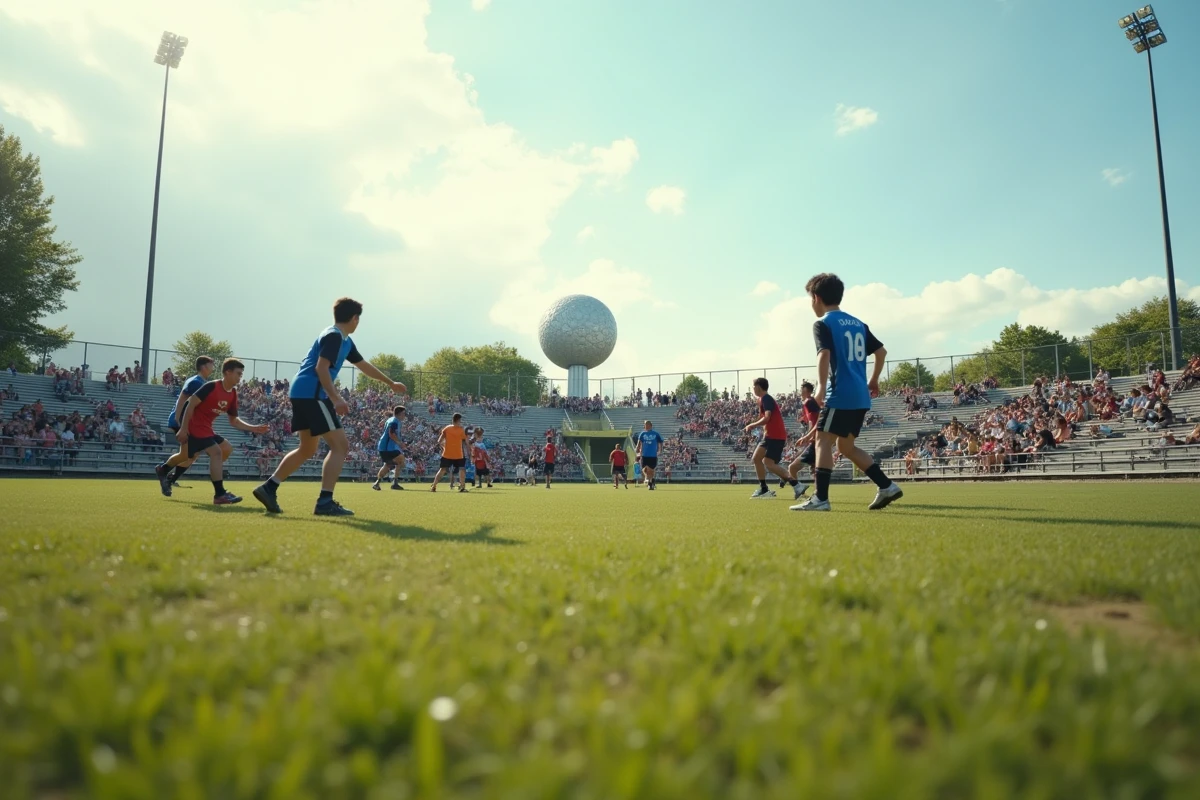 Match de football amateur sur les terrains de Corona Park à Queens, avec l'Unisphere en arrière-plan, vie de quartier new-yorkaise