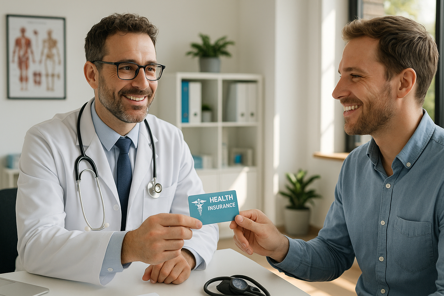 Medecin souriant remettant une carte d