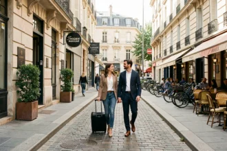 Couple avec valises dans une rue piétonne de banlieue parisienne entourée d'hôtels et de façades haussmanniennes