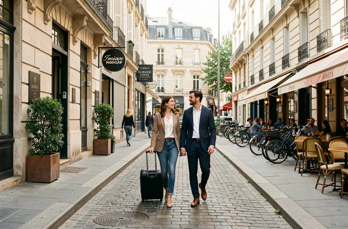Couple avec valises dans une rue piétonne de banlieue parisienne entourée d'hôtels et de façades haussmanniennes
