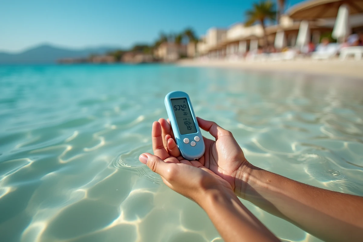 Gros plan de mains mesurant la température de l'eau de mer avec un thermomètre numérique sur une plage de la Côte d'Azur
