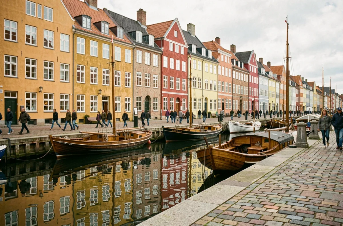 Façades colorées et bateaux amarrés au bord du canal de Nyhavn à Copenhague lors d'une escale de croisière