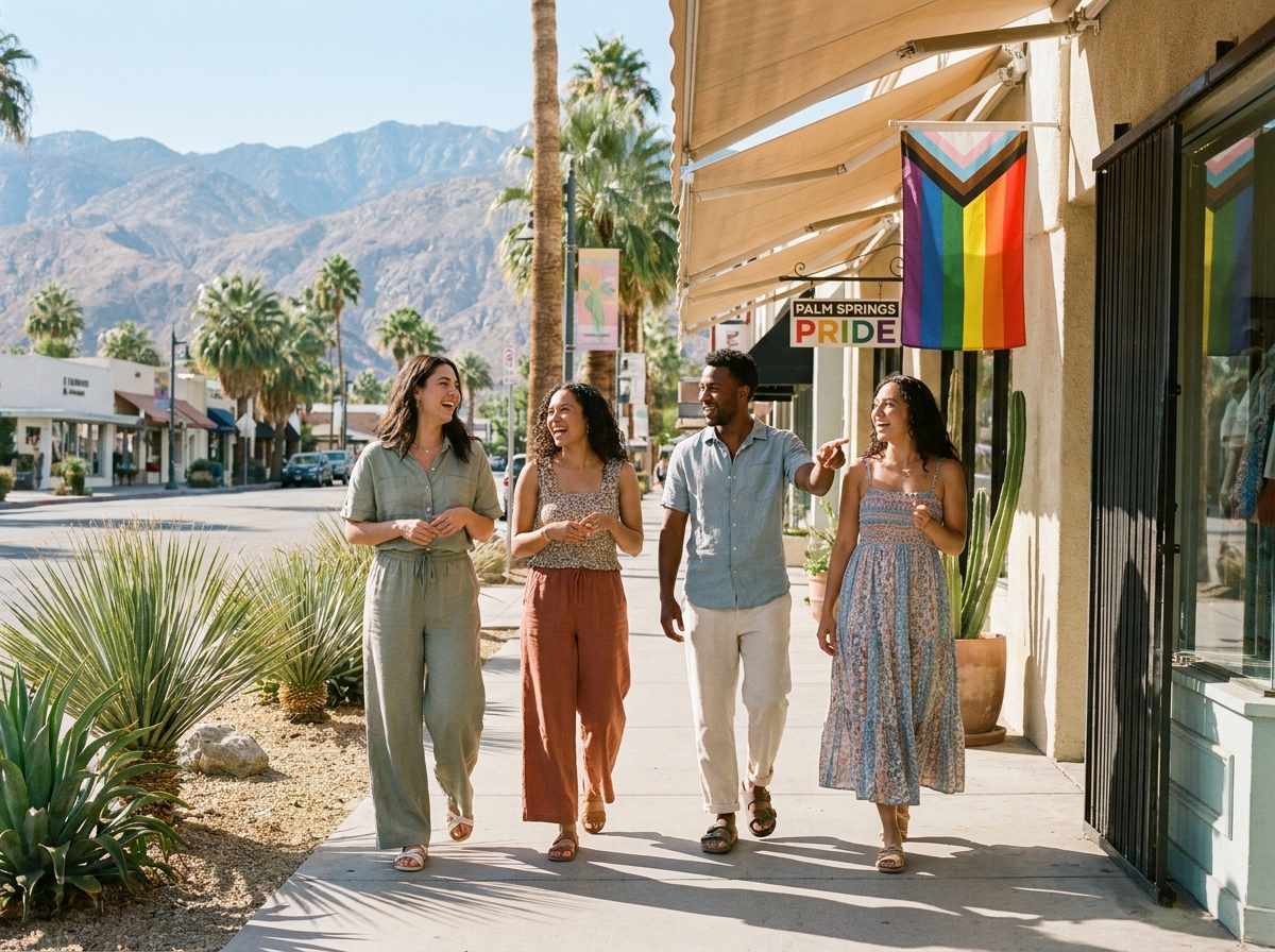 Groupe de voyageurs LGBTQ+ se promenant sur Palm Canyon Drive avec drapeaux arc-en-ciel et montagne San Jacinto en arrière-plan
