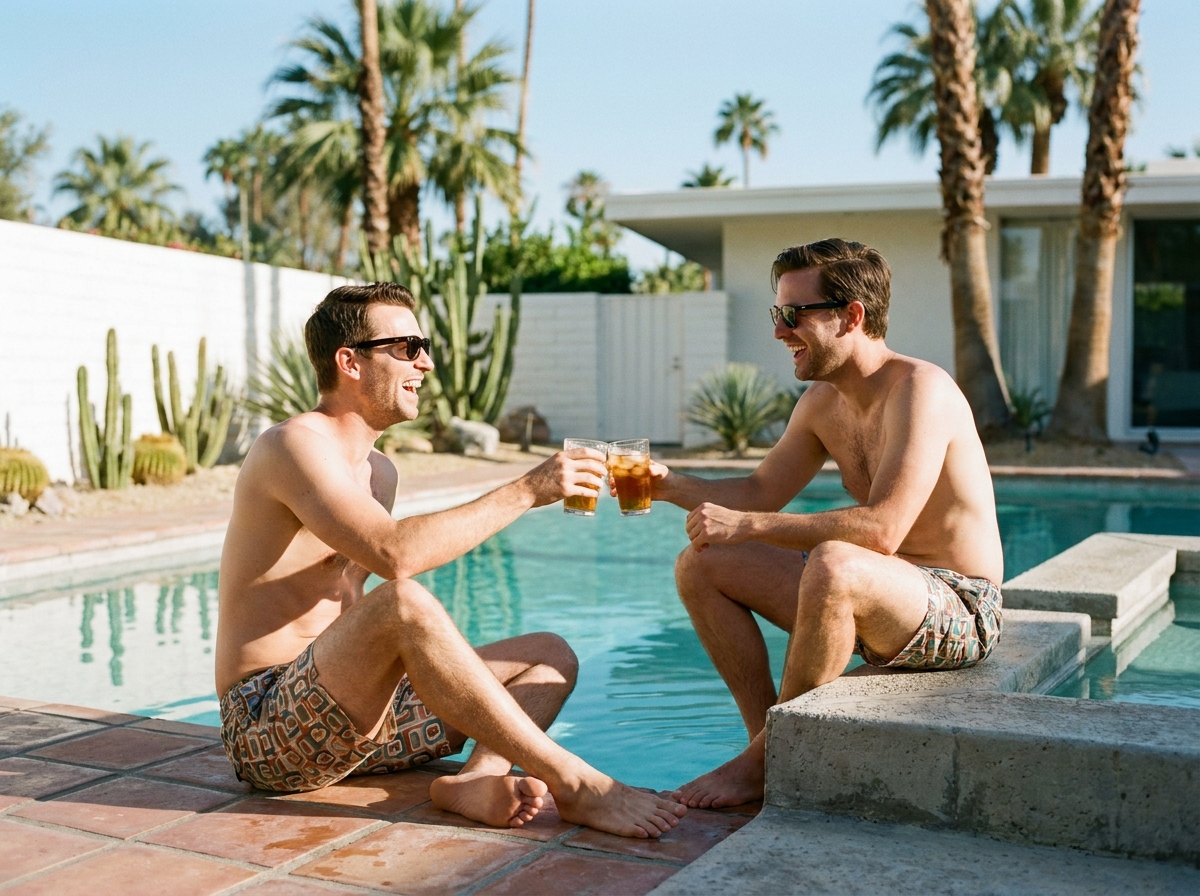 Deux hommes profitant de la piscine d'un hôtel mid-century à Palm Springs, ambiance LGBTQ+ inclusive et détente au bord de l'eau