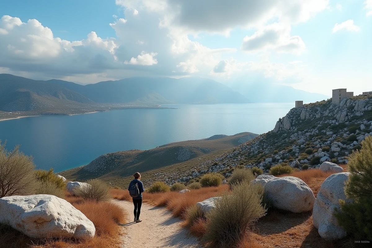 Vue panoramique sur la côte sauvage du Mani depuis les collines d'Areopoli en hiver, paysage rocheux et mer bleue déserts hors saison