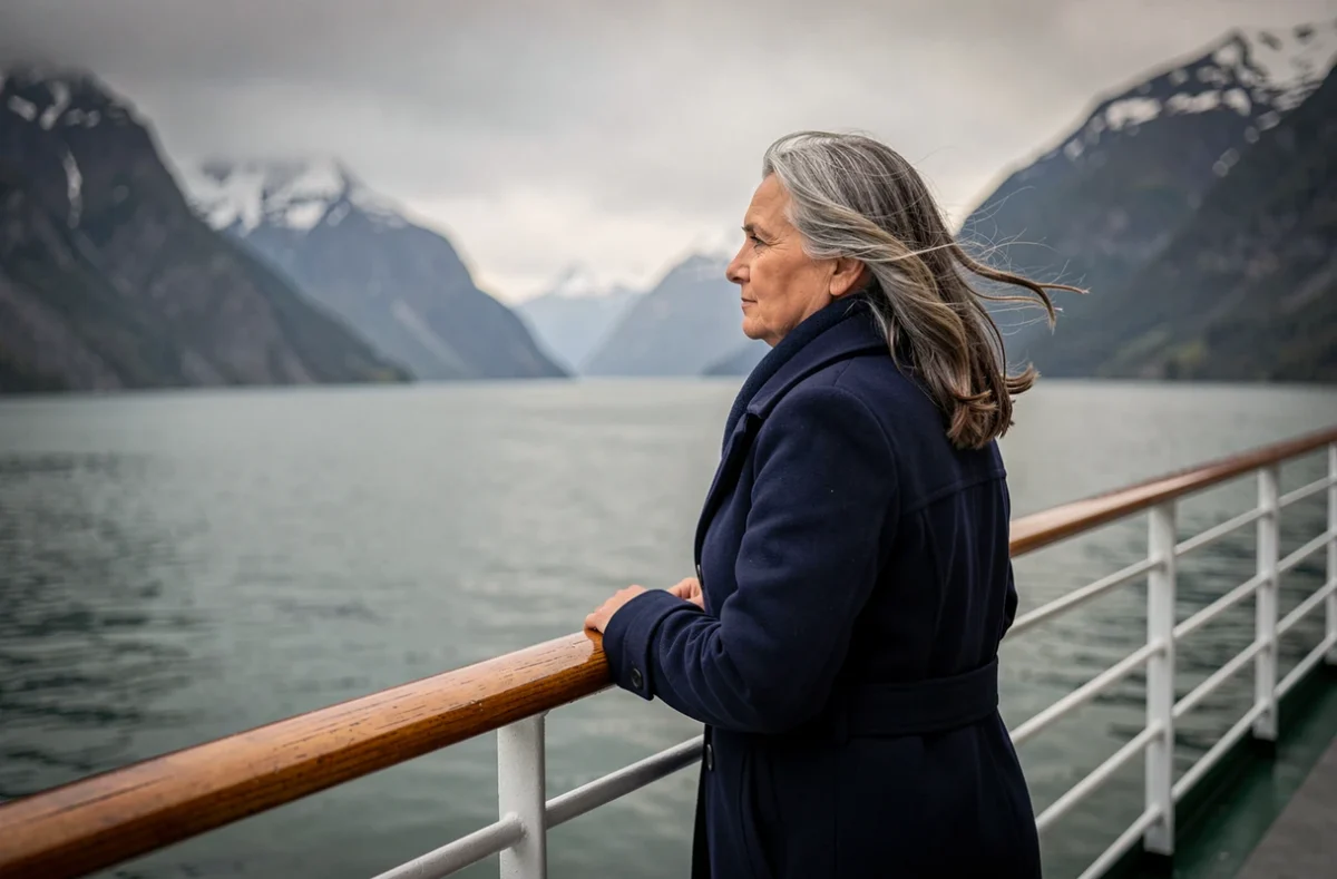 Femme en manteau marine contemplant un paysage de fjord depuis le pont d'un bateau de croisière