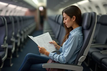 Passagère analysant les coûts d'un vol long-courrier low cost à bord d'un avion économique