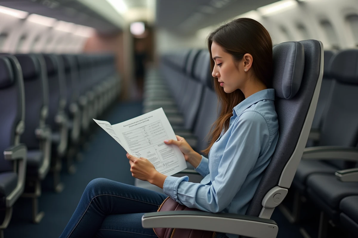 Passagère analysant les coûts d'un vol long-courrier low cost à bord d'un avion économique