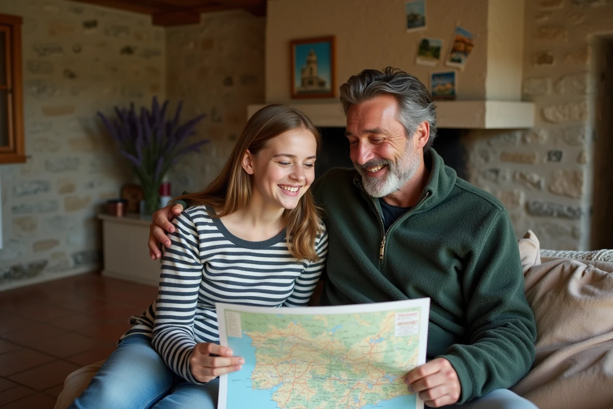 Père et fille planifiant un itinéraire sur une carte de Normandie dans un gîte normand