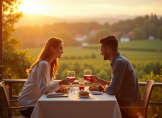 Week-end en amoureux en Alsace : hébergements inoubliables Couple prenant petit déjeuner sur terrasse en Alsace