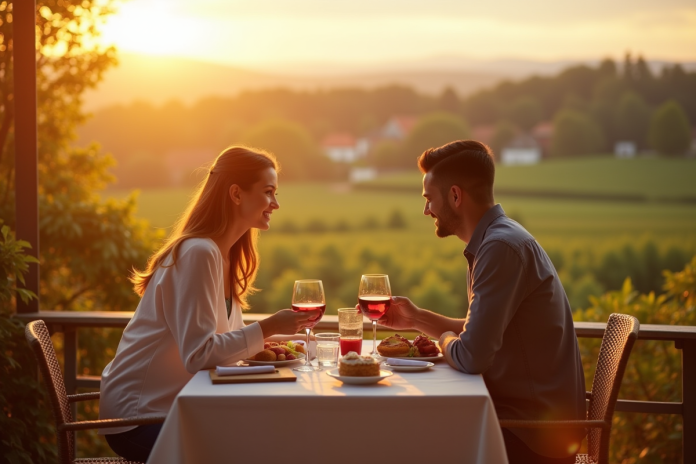 petit-dejeuner-alsace-terrasse Couple prenant petit déjeuner sur terrasse en Alsace